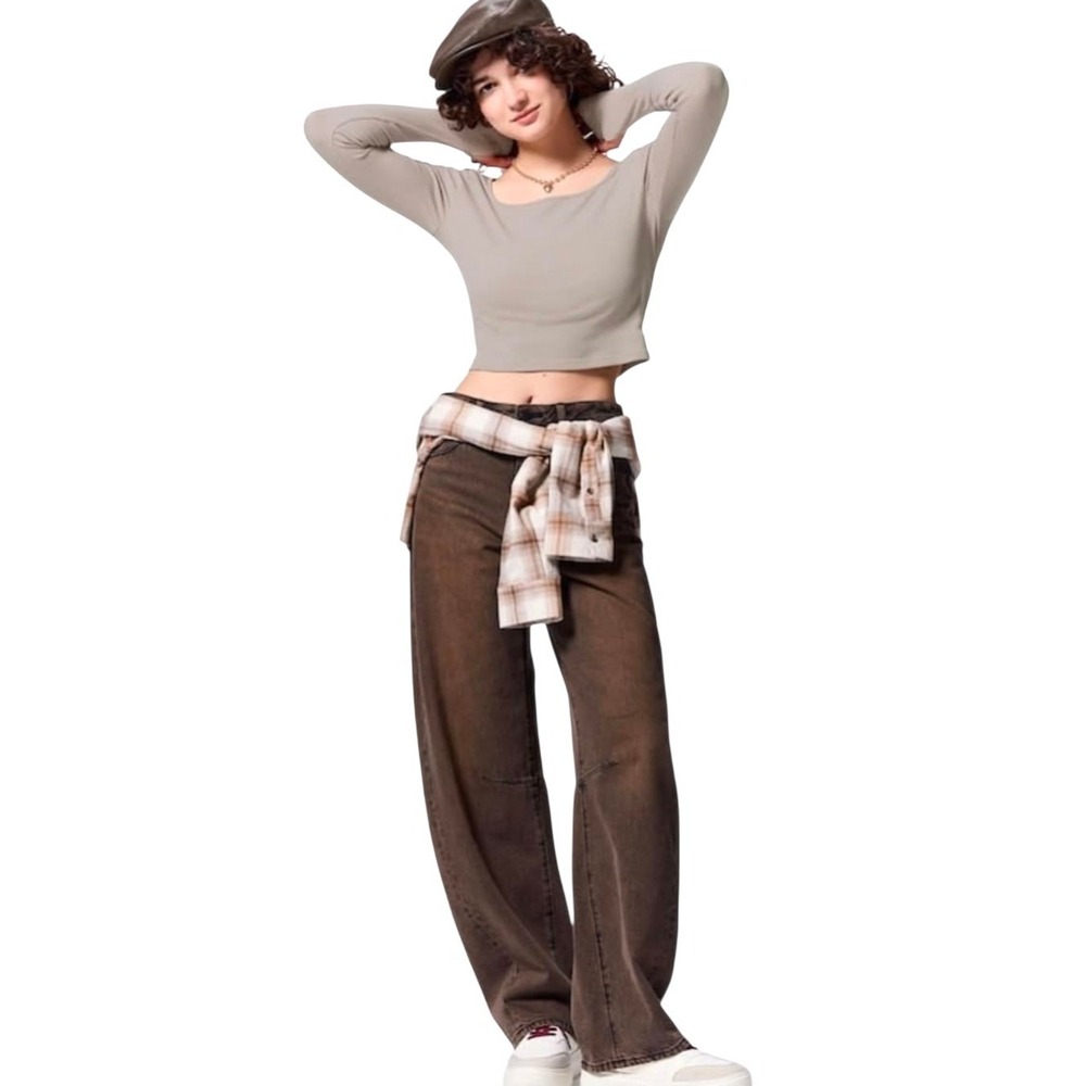 GU by Uniqlo Womens Size XL Barrel Leg Jeans Japanese Acid Wash Brown Cotton